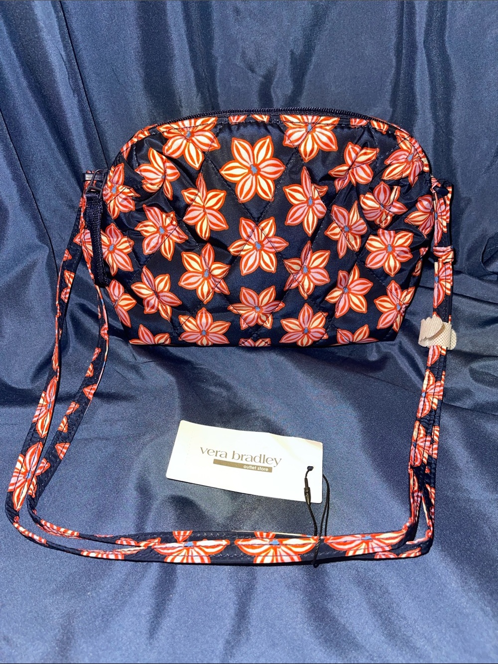 Vera Bradley Camera Bag Navy Crossbody with Orange Floral Burst